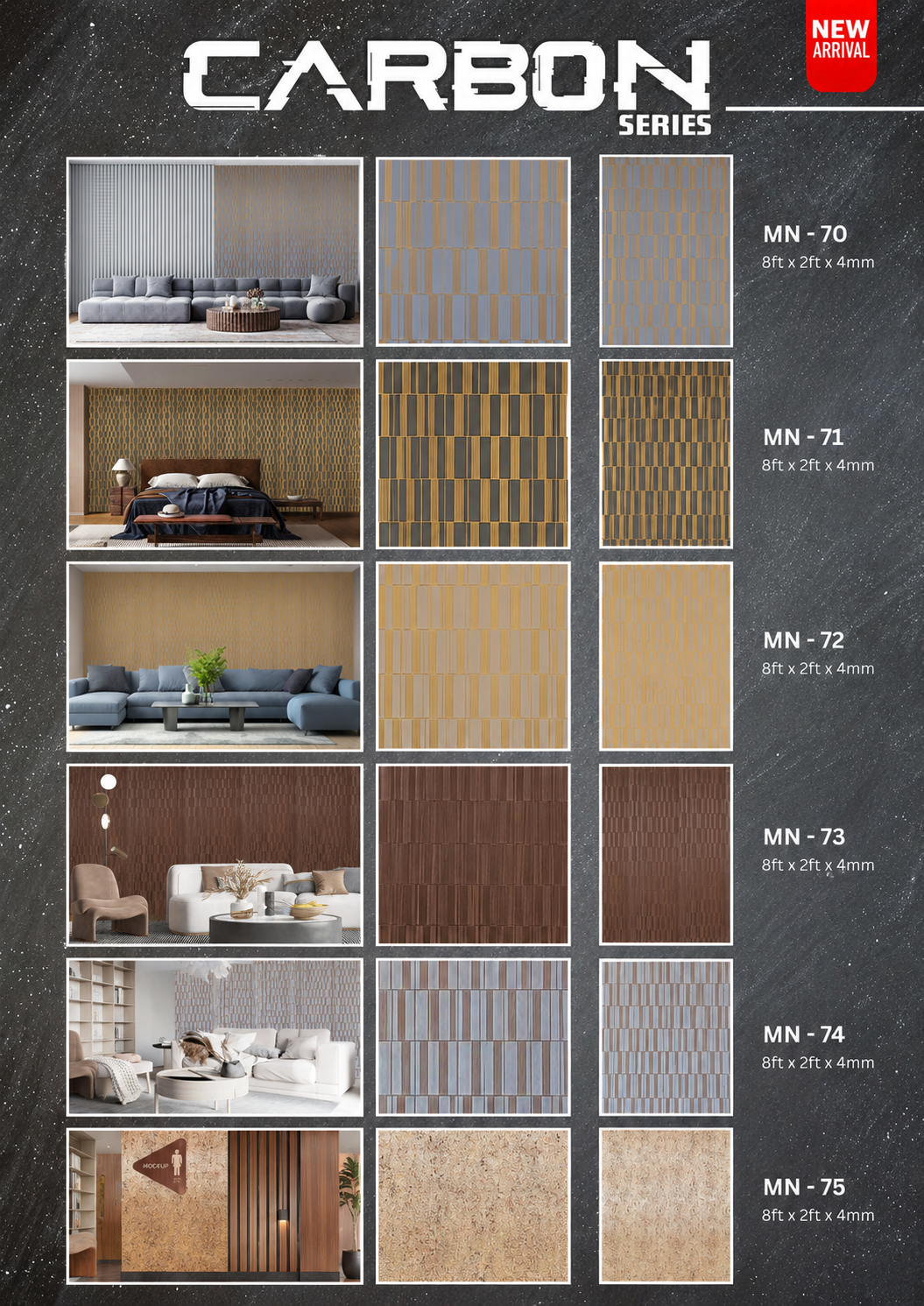 Carbon Series in situ — MN-70 to MN-75 charcoal wall panel colour catalog